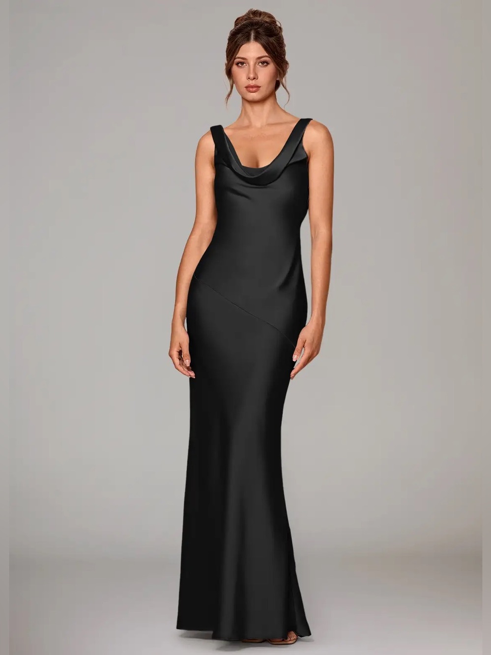 Azazie Black Satin Cowl Neck Maxi Dress